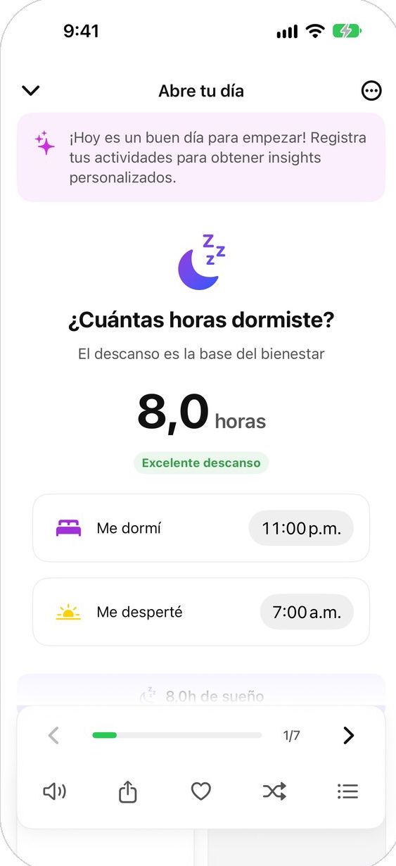 Pantalla Abre tu día: cuántas horas dormiste