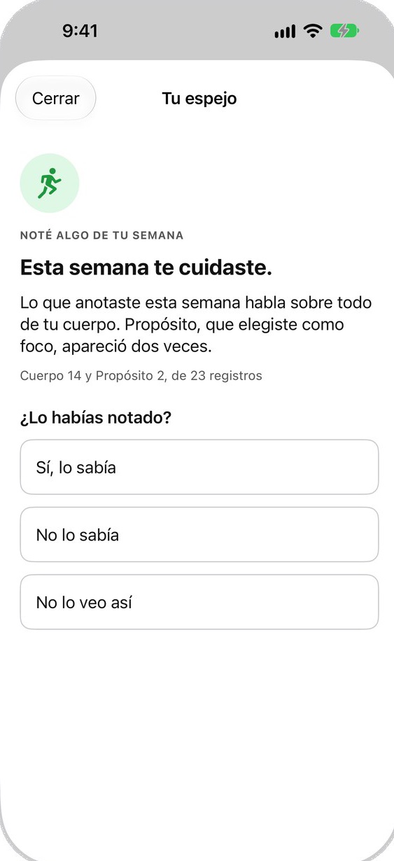 Pantalla Tu espejo: algo que la app notó de tu semana